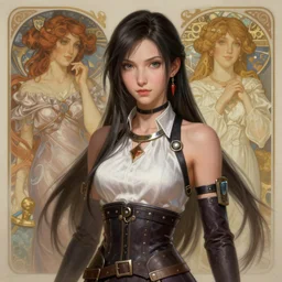 A full portrait of an Aerith from Final Fantasy, elegant, highly detailed, digital painting, artstation, concept art, smooth, sharp focus, illustration, art by Krenz Cushart and Artem Demura and alphonse mucha