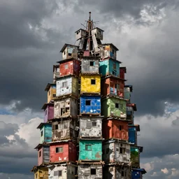 close - up view of a tower made up of colourful makeshift squatter shacks with bleached colours, moody cloudy sky, dystopia, mamiya, very detailed, photographed by bruno barbey