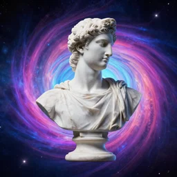 3 d sci - fi cgartist double exposure ambient occlusion rendering of a hyper realistic marble greek statuary bust floating in space, at the vast pulsating interdimensional fractal space portal at the psychedelic vaporwave ombre event horizon by chris moore, by edward hopper, by col price, trending on artstation