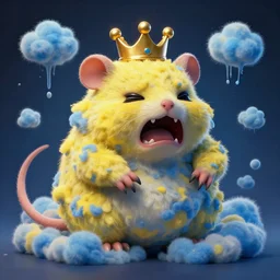 full shot of a crying!!!! king of rodents!!, covered in yellow and blue clouds, evil, scary, demonic, cloudcore, by kim keever