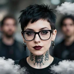 portrait of a pixie cut hoyden, goth emo, tattoo on neck, thick glasses. len blur background bokeh. art by ismail inceoglu and filip hodas. clouds by rhads.