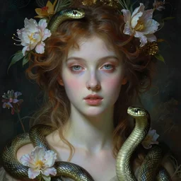 Beautiful Pre-Raphaelite goddess of snakes, in the style of John William Godward and Anna Dittman, close-up portrait, porcelain skin, head in focus, flowers and plants, etheric, moody, intricate, mystical,