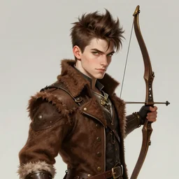 handsome teen archer portrait, steampunk vibes, brown tuffle coat, spiky brown hair, white skin, smug, high fantasy, finely detailed, sharp focus, smooth, digital illustration, by rossdraws, franzzeta, artgerm