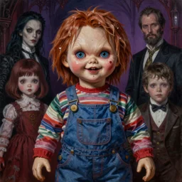 realistic detailed image of disfigured Chucky doll, evil, surreal, by Ayami Kojima, Amano, Karol Bak, Greg Hildebrandt, and Mark Brooks, Neo-Gothic, gothic, rich deep colors. Beksinski painting, part by Adrian Ghenie and Gerhard Richter. art by Takato Yamamoto. masterpiece