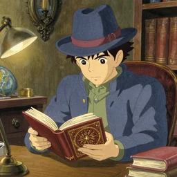 an occult detective reading the necronomicon in his office, finely illustrated face, highly detailed, colored pencil, studio ghibli, tankobon, in the style of ilya kuvshinov and krenz cushart and william - adolphe bouguereau and alphonse mucha