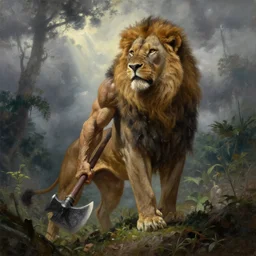 muscular lion as barbarian hunter with axe  , very textured detailed oil painting panoramic 4k hires detailed portrait by rembrandt,  dramatic clouds, thunder in the foggy jungle  ,sun rays through trees