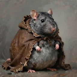 a obese gray sniveling rat person wearing a decaying brown cloak, painting by ed binkley