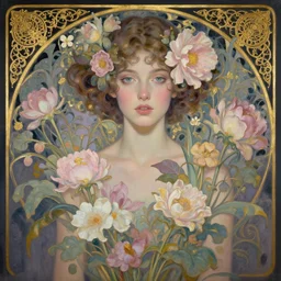 a digital painting of a young beautiful woman with many flowers, dark pastel color scheme, jugendstil background, gold filigree, by karol bak, by emil melmoth, by Daniel Gerhartz, trending on artstation