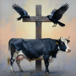 painting of cross between a raven and a cow, intercrossed animal, by zdzislaw beksinski, by tiffany bozic, cold hue's, warm tone gradient background, concept art, beautiful composition, digital painting,