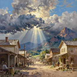 oil painting of american old west town, harbour, dramatic storm clouds, dusty street, sunrays, dramatic, very very very beautiful art, cinematic lighting, romanticism by goya, bright art, pastel color, blue sky, sunny summer day, tall rocky mountains