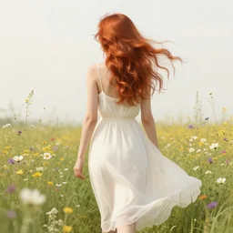 a woman seen from behind from far away with copper hair and a flowing sundress surrounded by wildflowers, fine details by realistic shaded lighting poster by ilya kuvshinov katsuhiro otomo, magali villeneuve, artgerm, jeremy lipkin and michael garmash and rob rey, art nouveau, alphonse mucha, william - adolphe bouguereau, golden hour