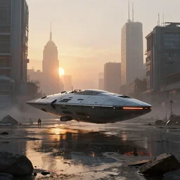 cargo spaceship in the cyberpunk city, sunrise, puddles of water, by jakub rozalsky and simon stalenhag
