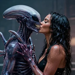 film still of kim kardashian being kissed by an xenomorph slathered in a transparent alien liquid, wet flowing hair, gooey skin, illustration, unreal engine 5, 8 k, directed by h. r. giger.