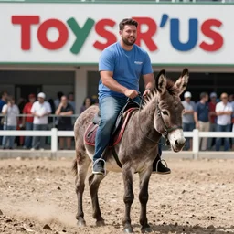 “ ben shapiro riding a donkey through a toys r ’ us ”