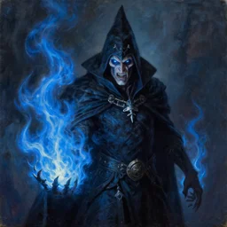 a painting of a dark warlock, blue fire, a character oil on canvas portrait by gerald brom and greg rutkowski, masterpiece, fantasy art, grotesque, artstation hq