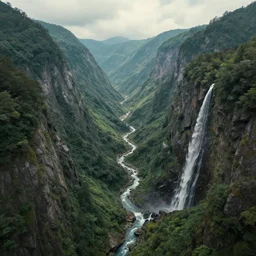 mountain landsape, valley, aterfall, rivers, atmosphere hyperrealistic ultrasharp highly detailed unreal engine octanerender photorealistic majestic perspective, by moebius, by miyazaki