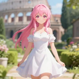 isekai cute anime girl pink hair wearing white dress standing in roman garden beautiful lineart, depth focus, rankings pixiv, artstation, chromatic aberration, soft lighting, srgb, 4 k artstation, hdr, cinematic, motion blur, marmoset, blender 3 d, by tooth wu