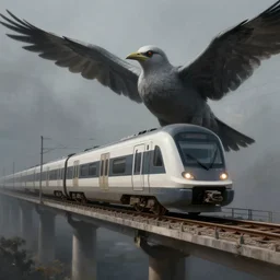 a modern train on a bridge, a giant grey bird next to it, high quality, digital painting, artstation, mysterious