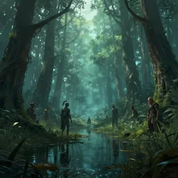reed - people in futuristic spiritual mystical post apocalyptic swampy forest drawn by ron gilbert, dim painterly volumetric aquatic lighting, scenic, beautiful, crisp, artstation, highly detailed