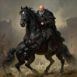 chonky ethan van sciver with a bald head and grey trimmed beard with a pointy nose as the first horseman of the apocalypse riding a strong big black stallion, horse is up on its hind legs, beautiful artwork by artgerm and rutkowski, breathtaking, beautifully lit, dramatic, full view