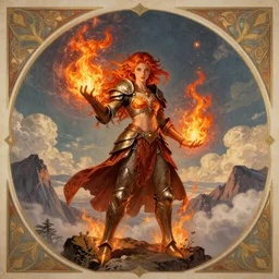 a singular beautiful young princess who is a fire wizard with fire red hair and freckles. she is wearing armor inspired by giger with an exposed midriff. she is standing on a mountain top with epic clouds and volumetric lighting. an intricate illustration that is a highly detailed digital painting. concept art by artgerm with border and embellishments inspired by alphonse mucha. inspired by brom art and larry elmore.