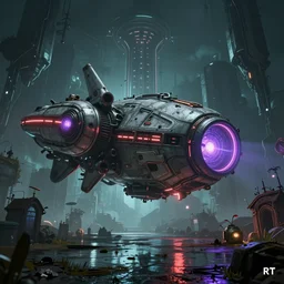 abandoned neon spaceship as ingame shot of risk of rain 2, digital art, wet reflections, unreal engine 5, intricate details, fantasy, hyper realism, humongous view, rtx, smooth, cinematic