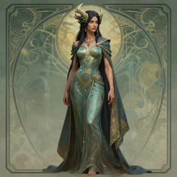 side shot centered portrait, maya ali wind sorcerer, art nouveau octane render, arcane, matte painting concept art by hsiao - ron cheng, dan hillier, fintan magee