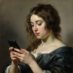 portrait of a gorgeous woman holding her smartphone!! oil painting by joseph ducreux, 1 7 th century, art, oil on canvas, wet - on - wet technique, highly realistic, expressive emotions, intricate textures, illusionistic detail, 4 k - h 7 0 4
