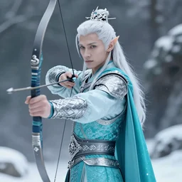 half length portrait of a handsome male snow elf in a turquoise cape and silver ornate armour as an archer, albino skin, winter vibes, perfect face, elegant, very coherent symmetrical artwork, atmospheric lighting, rule of thirds, by wenjun lin, krenz cushart, charlie bowater, trending on artstation