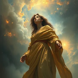 in flowing shiny gold robes she watches as the universe is born, full body, supersaturated nebulas, misty, ultra dramatic lighting, bright radial arcs of light, radiant stars, intricate, hyper detailed, masterpiece, beautiful painting by ruan jia, artgerm, alphonse mucha, frank frazetta