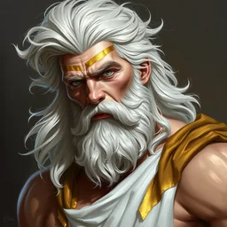 painted portrait of ruggedly handsome zeus wearing streaks of gold paint, greek god by artgerm greg rutkowski rossdraws flowing white hair muscular physique masculine manly mature robe fantasy intricate elegant detailed digital painting concept art artstation sharp focus illustration