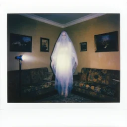 coloured atmospheric polaroid photo of a with transparent ghostly banshee corpse body floating in old living room interior flashlight lighting