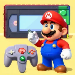 screenshot of nintendo 64 game with mike stoklasa character, talking vhs character in background, polygonal, mario 64 inspired