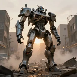 a film still of a highly detailed mech with two legs and armor plates, it ’ s a blend of machinery, meat and bones, standing in a war torn city street, low lying fog, sunset, wide shot,