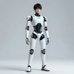 wide shot portrait of a young male japanese cyberpunk android with robot and cyborg parts, artwork by adolph menzel, alien production design