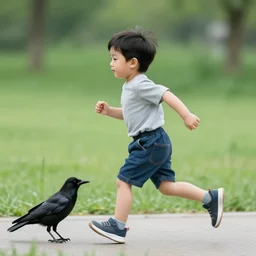 a young asian boy running along with a friendly crow