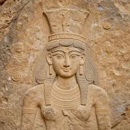 photo of the ancient portrait of extremely beautiful demon goddess from sumeria, rock art, symmetrical, cinematic, real dlsr photography, sharp focus, 4 k, ultra hd, sense of awe, archeology journal cover