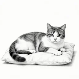 a black and white drawing of a cat laying on a pillow, a storybook illustration by hanns katz, behance, underground comix, woodcut, storybook illustration, lowbrow