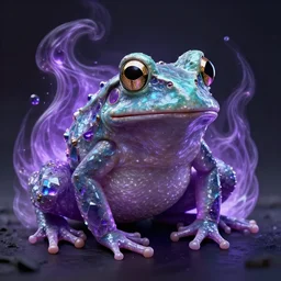 ultra realistic illustration, ( ( ( a fantasy frog made of crystal and poison aura with jewel and purple glow ) ) ), symmetrical, intricate, highly detailed, digital painting, concept art, smooth, sharp focus, vfx, houdini, fluid simulation, particle, fume, curl noise, octane render, redshift render, unreal engine, trending on artstation