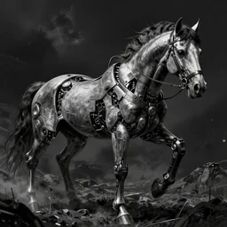 cyberpunk horse, fine detail, cyborg parts, cinematic lighting, in peril, black, pixiv fan box trend, drawn by leonardo da vinci