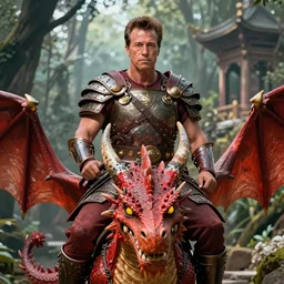 panoramic photo of arnold schwarzenegger as conan the destroyer, mounted on a red dragon with yellow eyes, wearing ancient barbarian armor, high details and focus on face, centered, rule of thirds photo, hyper realistic, forest temple in the background, digital painting, box art illustration trending pixiv fanbox by wlop and greg rutkowski and caravaggio and rosa bonheur and william harnett and boris