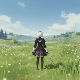 Screenshot from Nier Automata in a beautiful countryside field