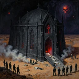 sinister scary, afraid dark by greg rutkowski, ross tran, conrad roset, takato yomamoto, ilya kuvshinov huge gothic crematorium on desert planet, elevator, side ramp entrance ambulance smoke dead bodies, guards intricate, painting by lucian freud and mark brooks, bruce pennington, dark colors, neon, death, guards, nice style culture