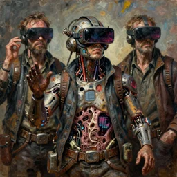 old junky men with cybertronic gadgets and vr helmet, durty colours, rotten textures, rusty shapes, acid screen embed in flesh, biotechnology, tim hildebrandt, wayne barlowe, bruce pennington, donato giancola, larry elmore, oil on canvas, masterpiece, trending on artstation, featured on pixiv, cinematic composition, dramatic pose, beautiful lighting, sharp, details, hyper - detailed, hd, hdr, 4 k, 8 k