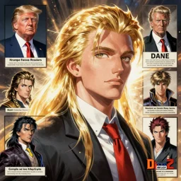 Fusion of Donald Trump and Dante from the game Devil May Cry in the style of Araki Hirohiko, character reference sheet