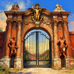 a hyperrealism shot of the gates of hell, vibrant color scheme, highly detailed, in the style of romanticism, cinematic, artstation, moebius, greg rutkowski