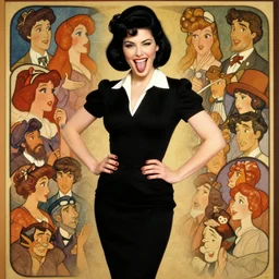 pinup character concept : full - body portrait of beautiful woman journalist alex wagner in a little black dress, with her tongue out, black bob hairstyle, epicanthic folds, flirty pose, and mischievous smile, by mucha, rutkowski, vargas. elvgren, mucha, manara, wlop, serpieri, anders zorn, thomas lawrence, pixar, disney animation