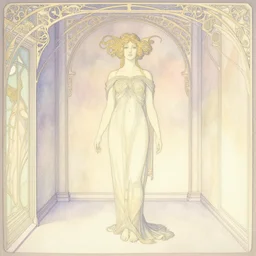 a goddess in a liminal room, watercolor by leon battista alberti, limited color palette, very intricate, art nouveau, highly detailed, lights by hopper, soft pastel colors, minimalist