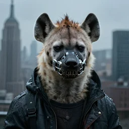 new york city portrait icon of furry anthro anthropomorphic spotted hyena head animal person fursona wearing clothes strange cybernetic metal muzzle gloomy rainy screenshot from the video game cyberpunk 2077 digital art by Greg Rutkowski, Simon Stalenhag, christopher nolan trending on Artstation, CGSociety