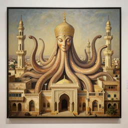 a perfect architectural portrait of the religious buildings of mogadishu, in reverent worship of the cephalod premier deity. tentacles join every home to the spiritual heart. fine art, gallery lighting, solemn, and exquisite